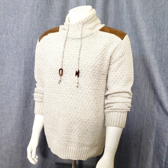 X-RAY Shawl Collar Pullover Sweater Faux Suede Shoulder Patches Oatmeal Men's M - Picture 2 of 10